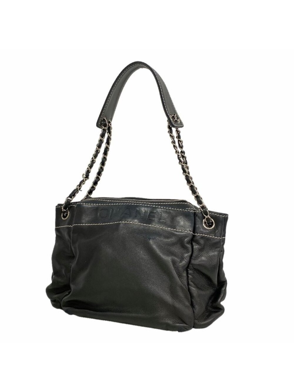 Chanel Shoulder Bag Lambskin Black Silver